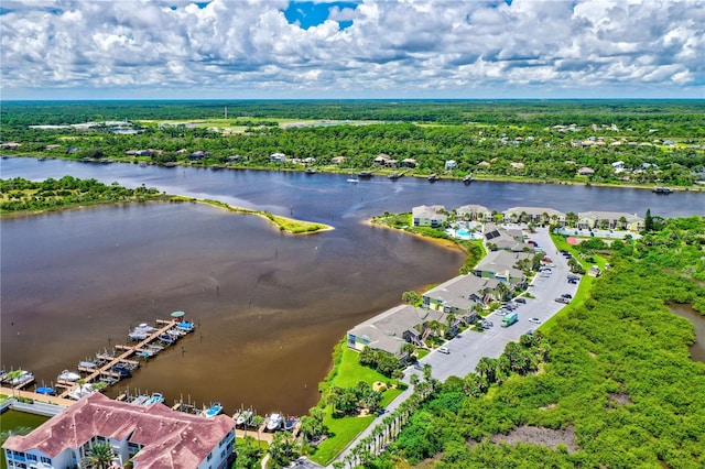 drone / aerial view featuring a water view