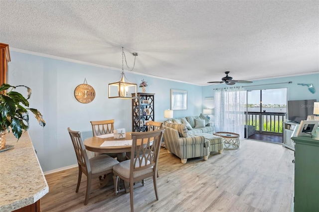 dining space featuring ornamental molding, a textured ceiling, ceiling fan, and light wood-type flooring