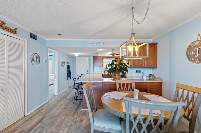 dining room with light hardwood / wood-style flooring, ornamental molding, and a textured ceiling