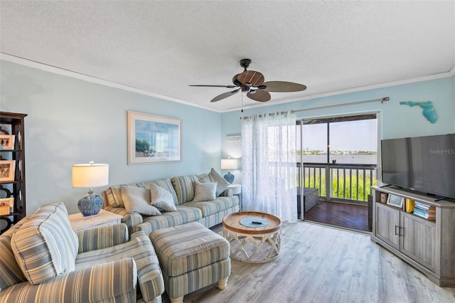 living room featuring crown molding, light wood-type flooring, ceiling fan, and a textured ceiling