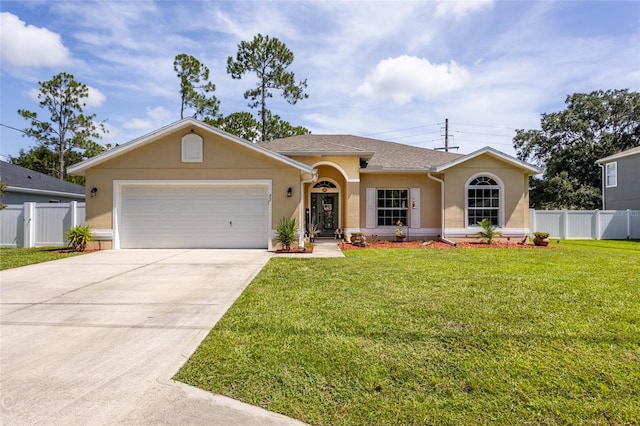 ranch-style home with a garage and a front yard