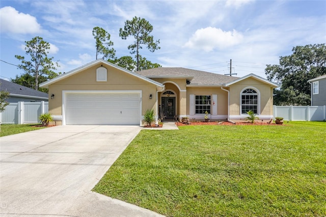 ranch-style home featuring a garage and a front lawn