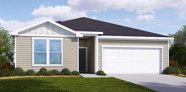 ranch-style home with a garage, a shingled roof, driveway, a front lawn, and board and batten siding