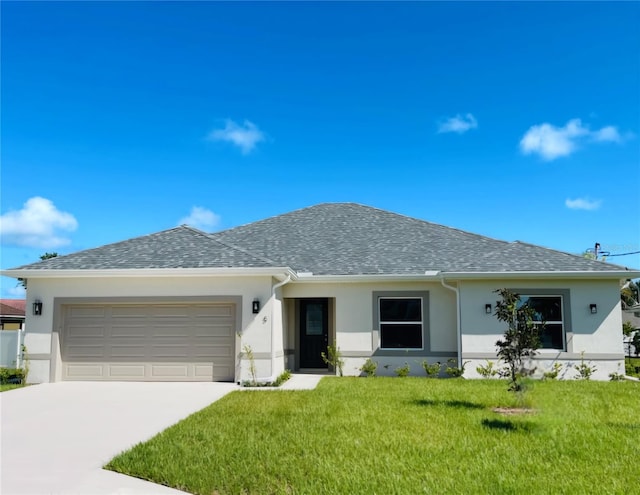 single story home featuring a garage and a front yard