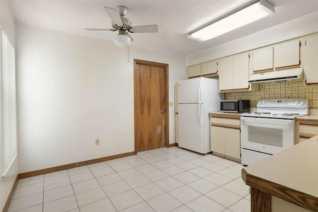 kitchen with ceiling fan, tasteful backsplash, white appliances, and light tile patterned floors