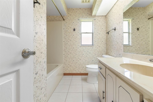 full bathroom featuring vanity, tile patterned floors, a wealth of natural light, and bathtub / shower combination