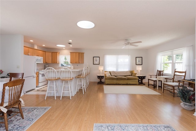 living room featuring light wood-type flooring and ceiling fan