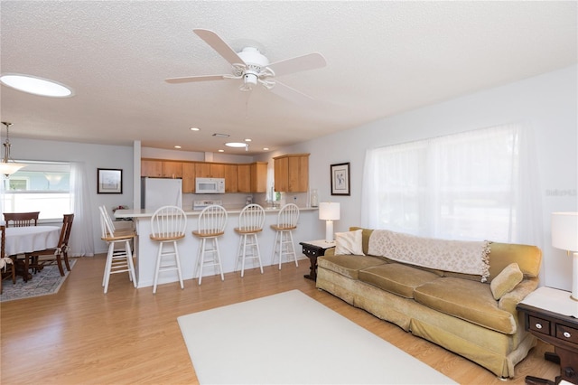 living room with a textured ceiling, light wood-type flooring, and ceiling fan