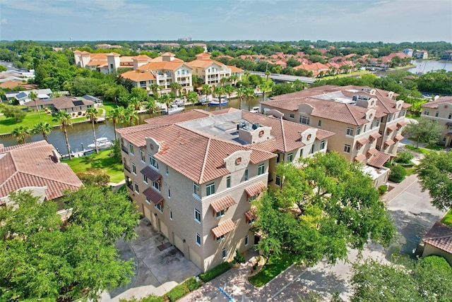 aerial view featuring a water view