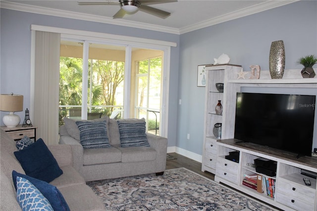 living room with ceiling fan, dark hardwood / wood-style floors, and crown molding