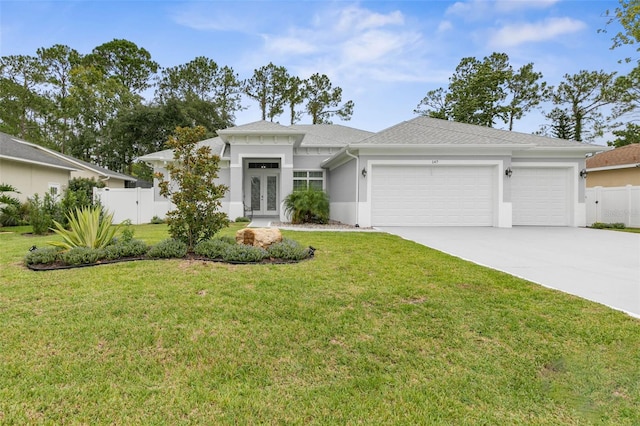 ranch-style house featuring a front lawn and a garage