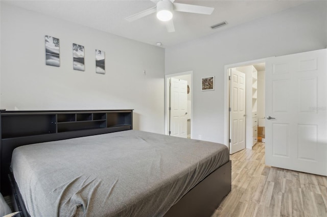 bedroom with ceiling fan, light wood-type flooring, and visible vents