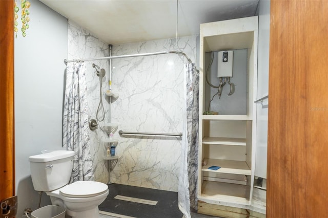 bathroom with a shower, water heater, and toilet