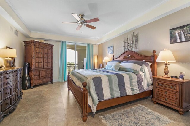 bedroom featuring ceiling fan, access to outside, and light tile patterned floors