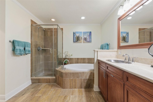 bathroom with tile patterned floors, vanity, separate shower and tub, and ornamental molding