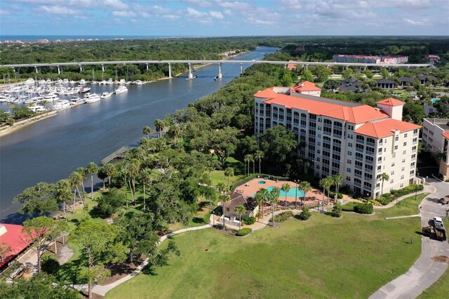 drone / aerial view with a water view