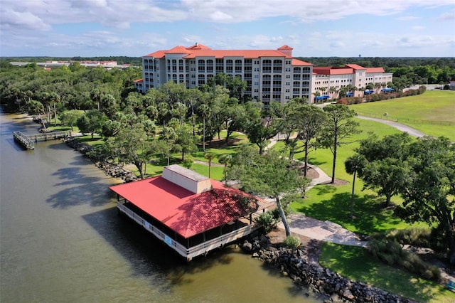 bird's eye view with a water view