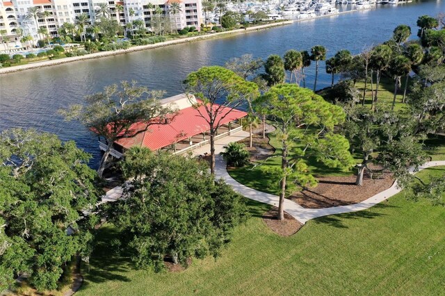 aerial view featuring a water view