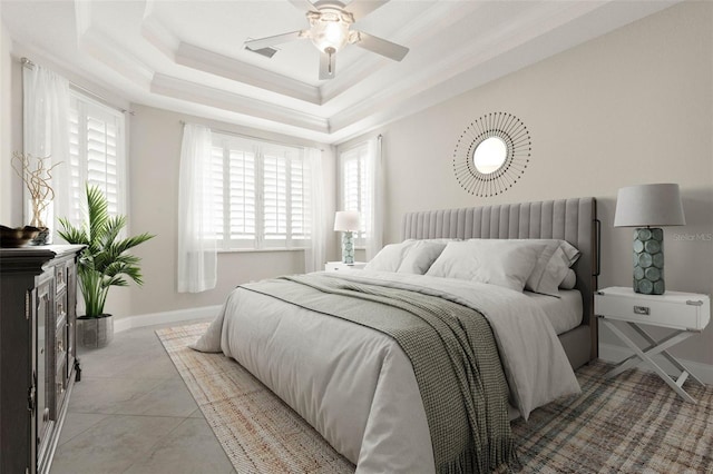 bedroom with ceiling fan, light tile patterned floors, and crown molding