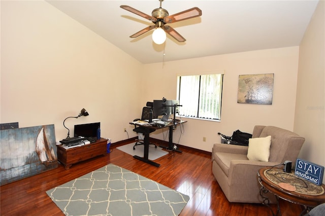 office featuring ceiling fan, wood-type flooring, and vaulted ceiling