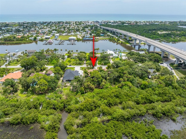 aerial view featuring a water view