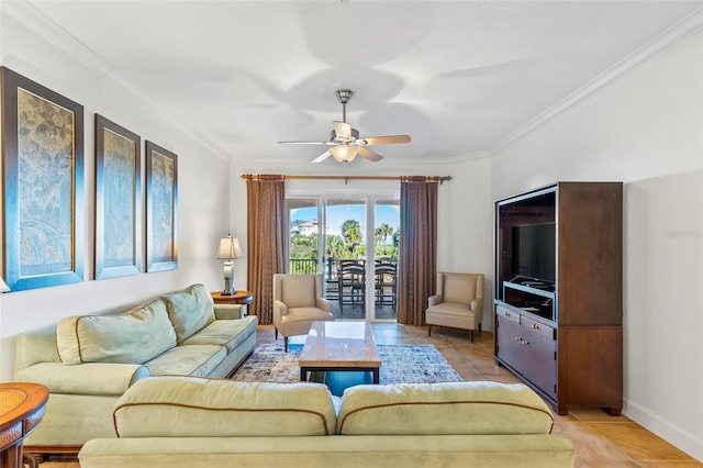 living room with ornamental molding, ceiling fan, and light tile patterned flooring