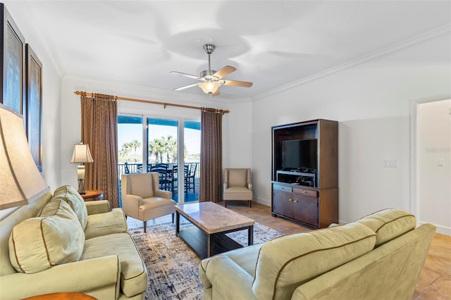 living room featuring ceiling fan, ornamental molding, and light tile patterned floors