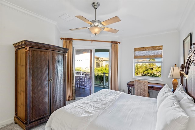 carpeted bedroom with ceiling fan, access to outside, and crown molding