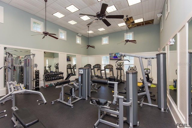 workout area with a high ceiling, plenty of natural light, and a paneled ceiling