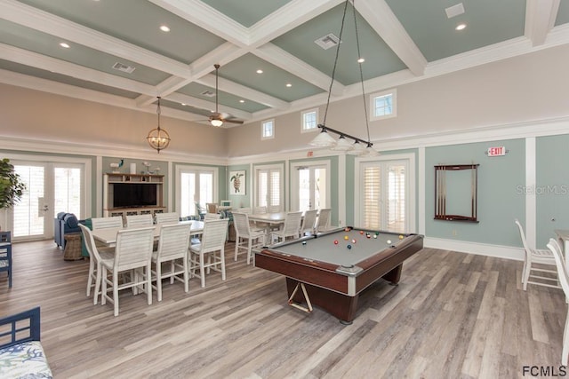 recreation room featuring pool table, light wood-type flooring, ceiling fan, french doors, and beam ceiling