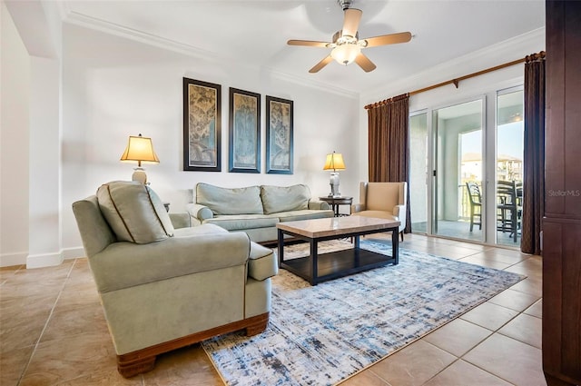 living room with light tile patterned floors, ornamental molding, and ceiling fan