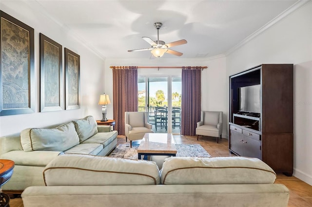 tiled living room featuring ornamental molding and ceiling fan