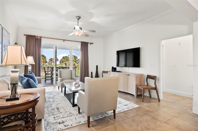 200 Cinnamon Beach Way Unit 122, Palm Coast, FL 32137 - living area featuring ceiling fan, light tile patterned flooring, ornamental molding, and baseboards