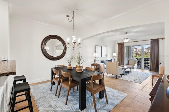 200 Cinnamon Beach Way Unit 122, Palm Coast, FL 32137 - dining room featuring a chandelier, a ceiling fan, ornamental molding, light tile patterned floors, and baseboards