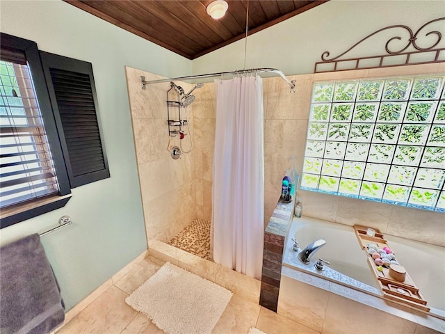 bathroom featuring tile patterned floors, wooden ceiling, lofted ceiling, and plus walk in shower