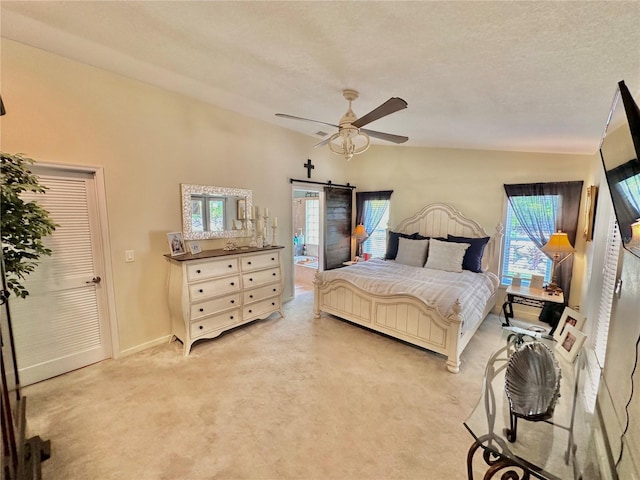 carpeted bedroom featuring ceiling fan, a textured ceiling, and multiple windows