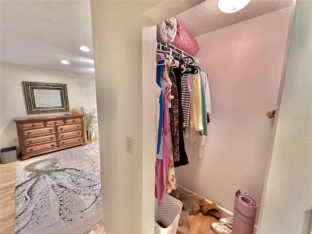 walk in closet with wood-type flooring