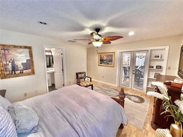 bedroom with ceiling fan, a textured ceiling, and access to outside