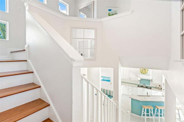 staircase featuring a wealth of natural light and a towering ceiling