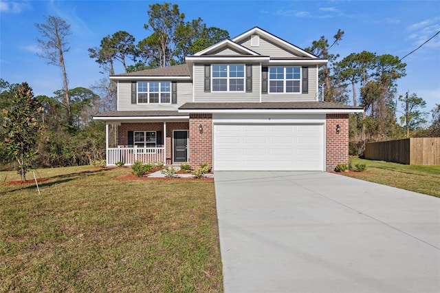 view of front of property featuring a front lawn, a porch, fence, concrete driveway, and brick siding