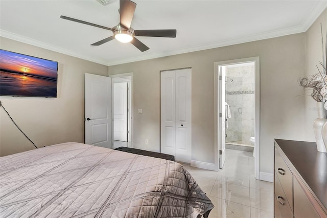 bedroom featuring ceiling fan, connected bathroom, and ornamental molding