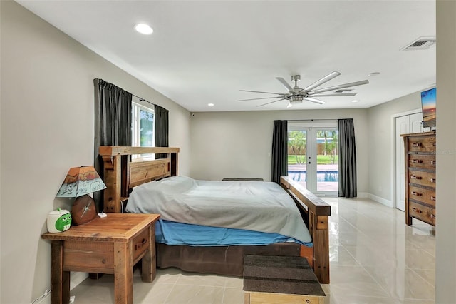 tiled bedroom with ceiling fan, a closet, french doors, and access to exterior