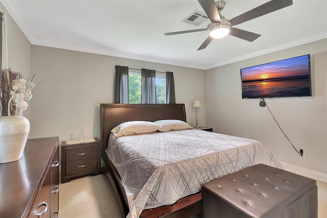 bedroom featuring ceiling fan, light hardwood / wood-style flooring, and ornamental molding