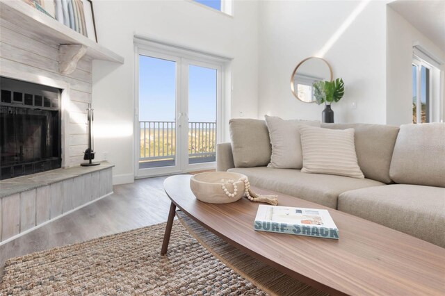 living room featuring a high ceiling and hardwood / wood-style flooring