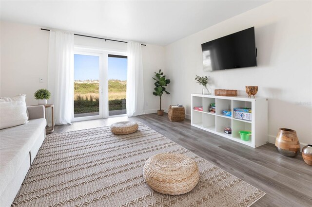 living room with dark hardwood / wood-style floors