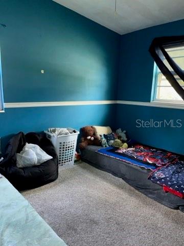 carpeted bedroom with vaulted ceiling