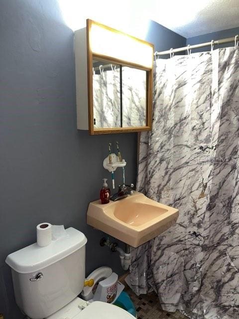 bathroom featuring toilet, sink, and a shower with shower curtain