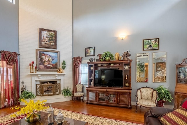 living area with a large fireplace, a high ceiling, and wood finished floors