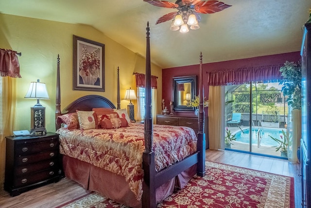 bedroom with lofted ceiling, access to outside, ceiling fan, and light wood-style flooring