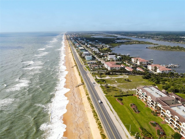 aerial view featuring a beach view and a water view